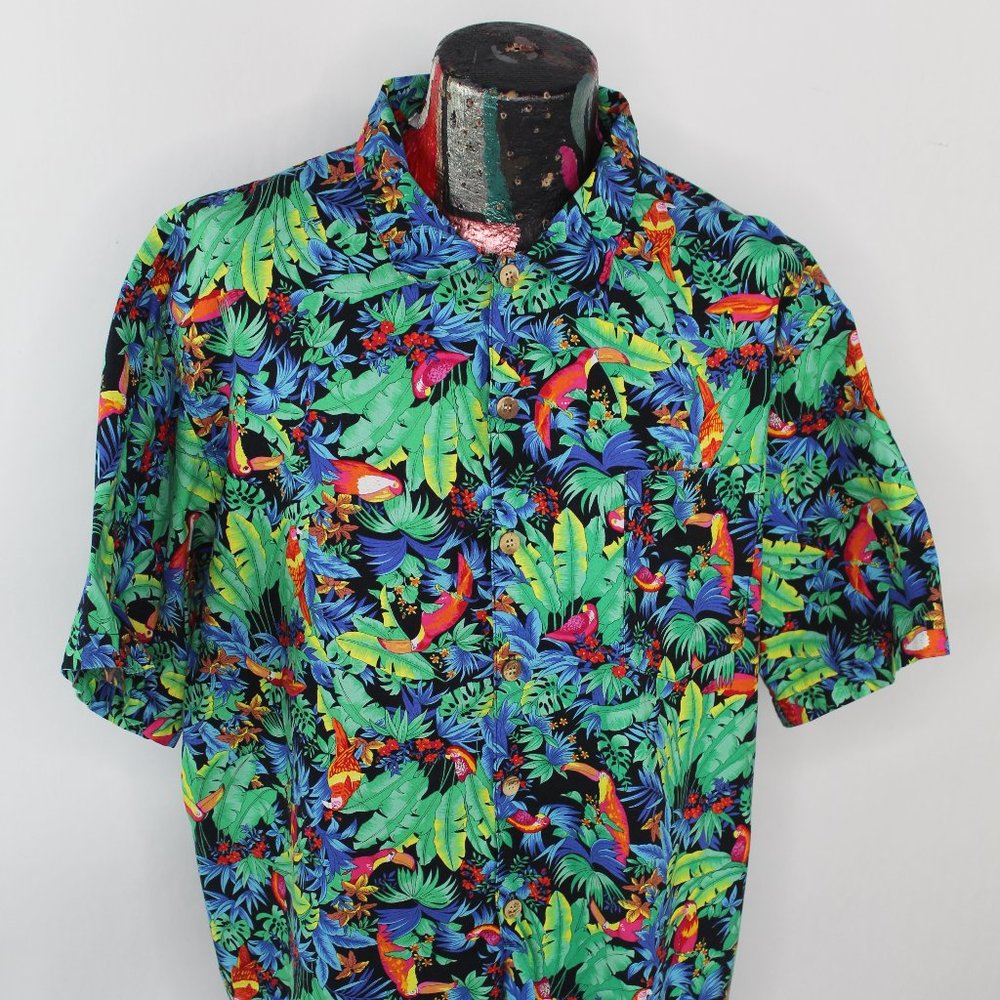 Toucan Dance By Fast Lane Men's Large Tropical Hawaiian Button Up Camp Shirt XL